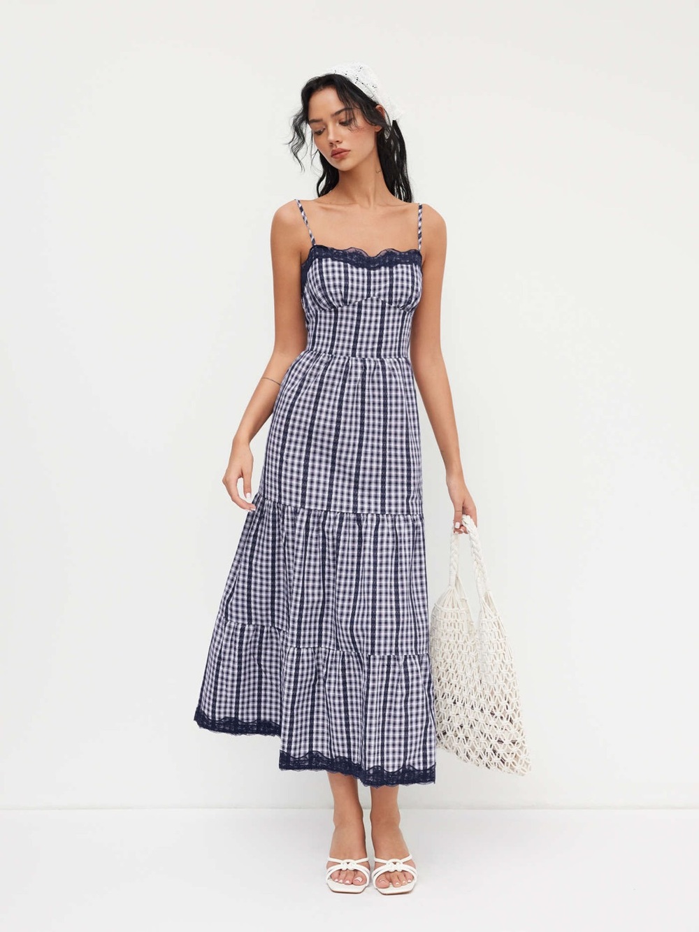 Cider COTTON-BLEND GINGHAM LACE TRIM TIERED SHIRRED MAXI DRESS navy blue XL NEW